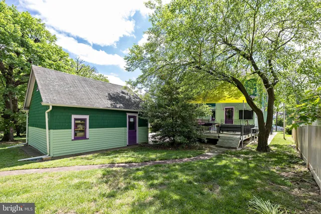 a view of a house with potted plants and a large tree