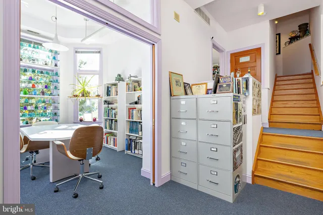 a work place with table and chairs