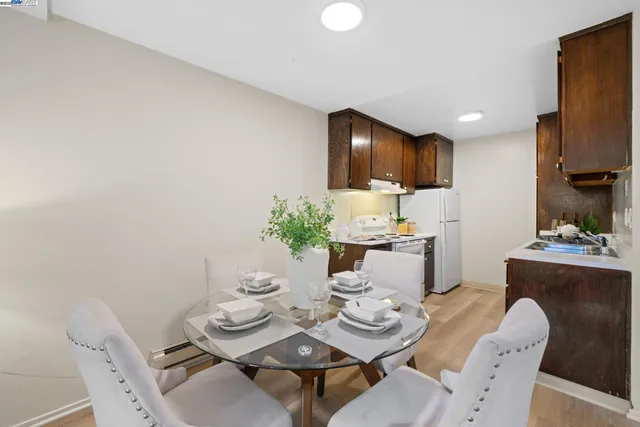 a view of a dining room with furniture