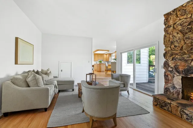 a living room with furniture and a potted plant