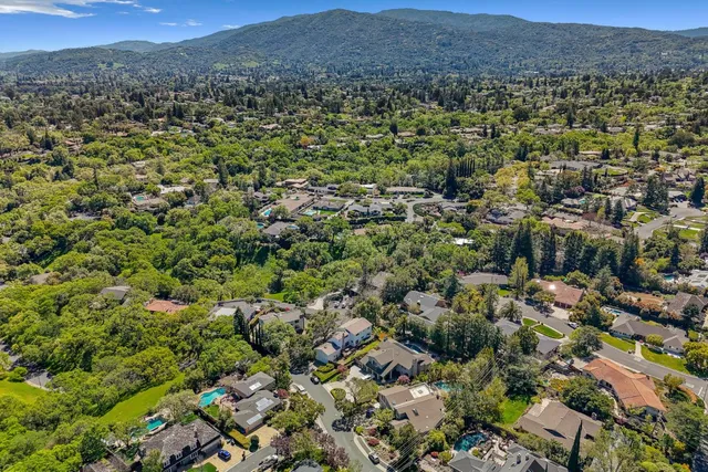 an aerial view of a houses with a lush green hillside