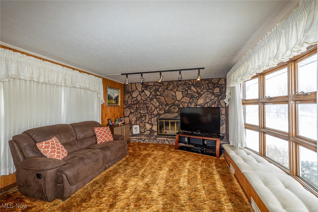 750 Sagamore Road Northfield, OH 44067 - Photo 11 of 37 Carpeted living room with track lighting, a textured ceiling and a stone gas fireplace