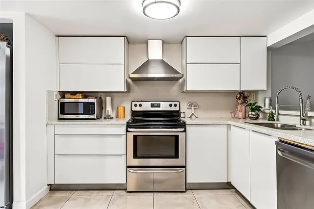 a kitchen with a stove and a microwave