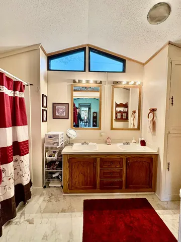 a bathroom with a sink a mirror and shower curtain