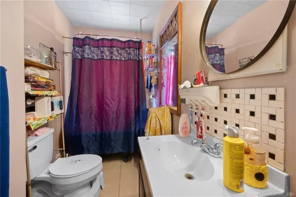 a bathroom with a sink a toilet and a mirror