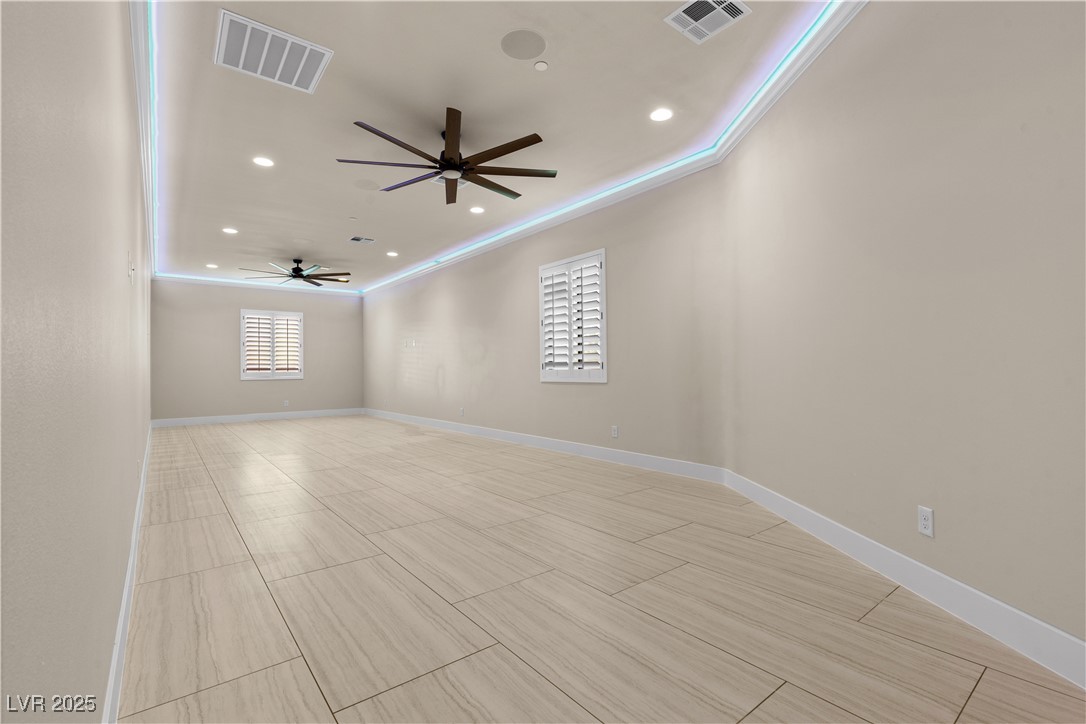 9865 Bright Angel Way Las Vegas, NV 89149 - Photo 56 of 98 Gym/Exercise Room, Dual Ceiling Fans, RGB Low Voltage Lighting, Crown Molding, Baseboards, Shutters, 3 Media Connection Points