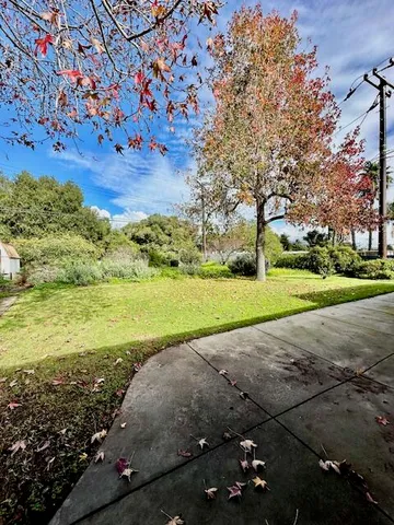 a view of a garden with an ocean view