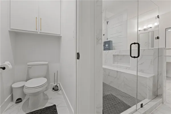 a bathroom with a toilet and a shower