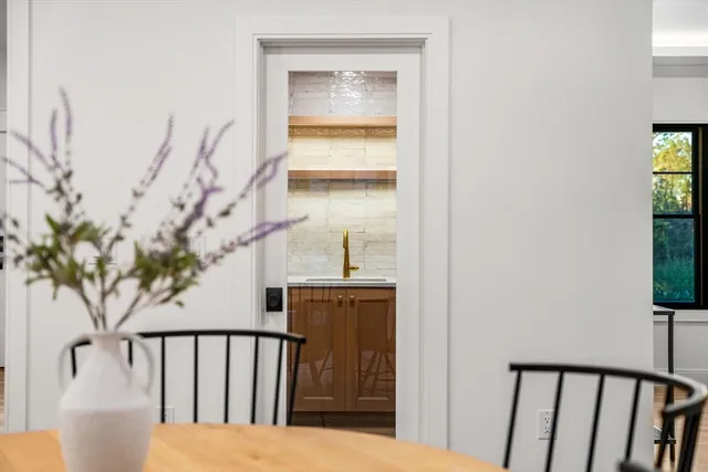 a view of a dining room with furniture