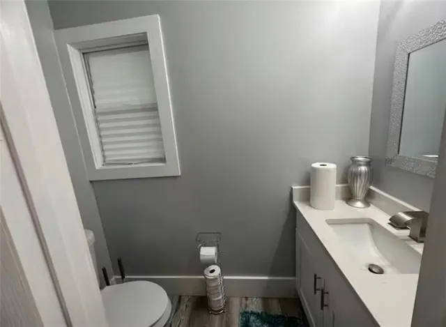 a bathroom with a sink a toilet and vanity