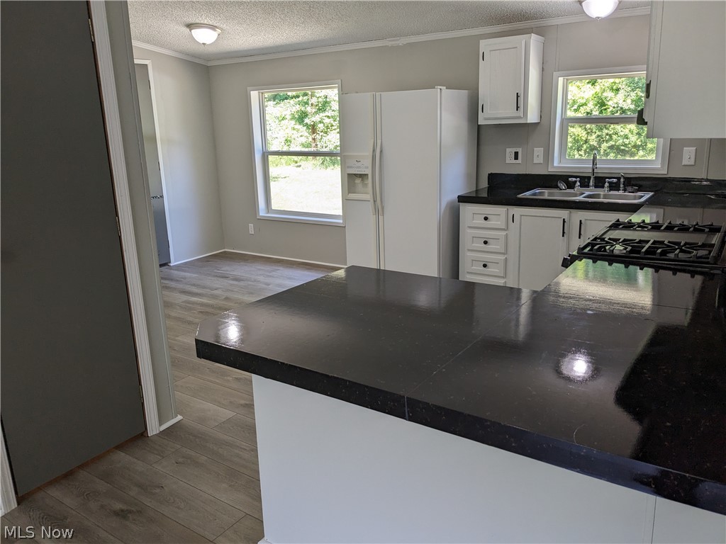 73455 Seminary Road Kimbolton, OH 43749 - Photo 8 of 28 Kitchen featuring range, hardwood / wood-style floors, white cabinetry, white refrigerator with ice dispenser, and sink