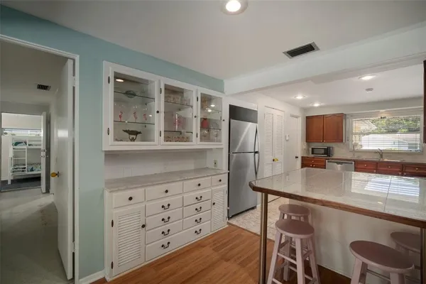 a view of a backyard with plants and a large tree