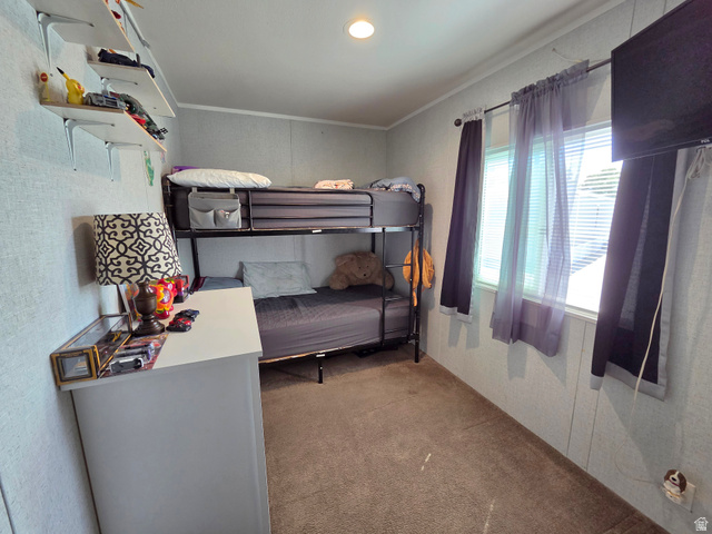 597 North State Street, Unit 67 Orem, UT 84057 - Photo 19 of 23 Bedroom with light colored carpet, crown molding, and recessed lighting