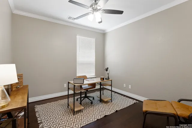 a workspace with wooden floor
