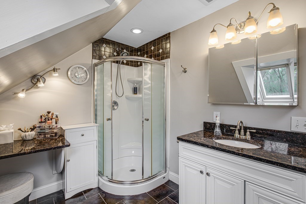 194 Washington Street Boxford, MA 01921 - Photo 25 of 35 a bathroom with a granite countertop sink a toilet a mirror and shower