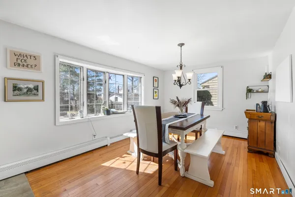 a view of a dining room with furniture window and wooden floor