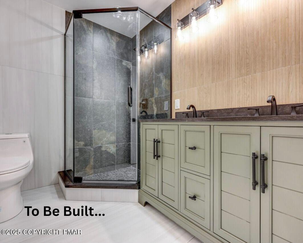 8-7 Sweet Briar Road Pocono Pines, PA 18350 - Photo 19 of 38 a bathroom with a granite countertop sink a toilet and a mirror