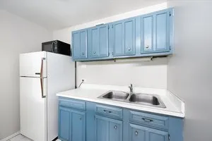 a kitchen with a sink and refrigerator