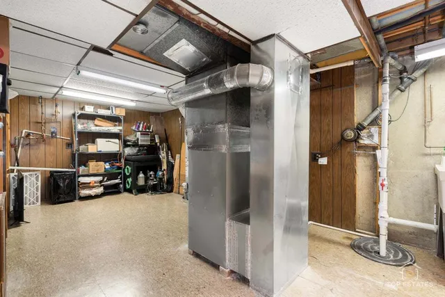 a view of a garage with storage