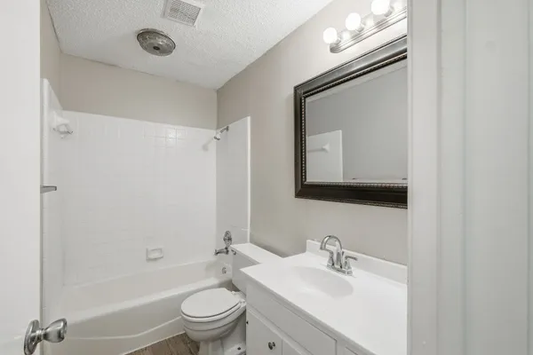 a bathroom with a toilet a sink a mirror a bathtub and vanity