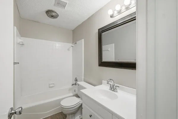 a bathroom with a toilet a sink a mirror a bathtub and vanity