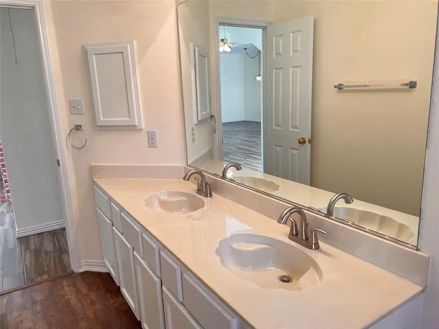 a bathroom with a sink and a mirror