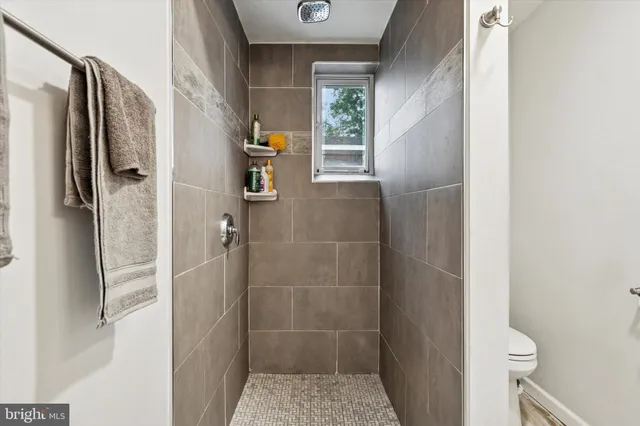 a bathroom with a shower and a toilet