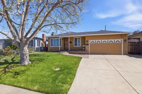 a view of a house with a yard and potted plants