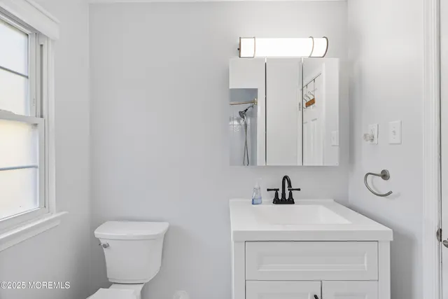 a bathroom with a sink a toilet and mirror