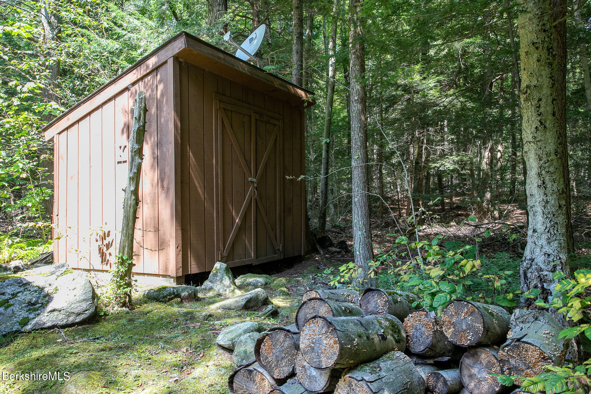 266 Moberg Road Becket, MA 01223 - Photo 32 of 41 a backyard of a house with large trees and plants