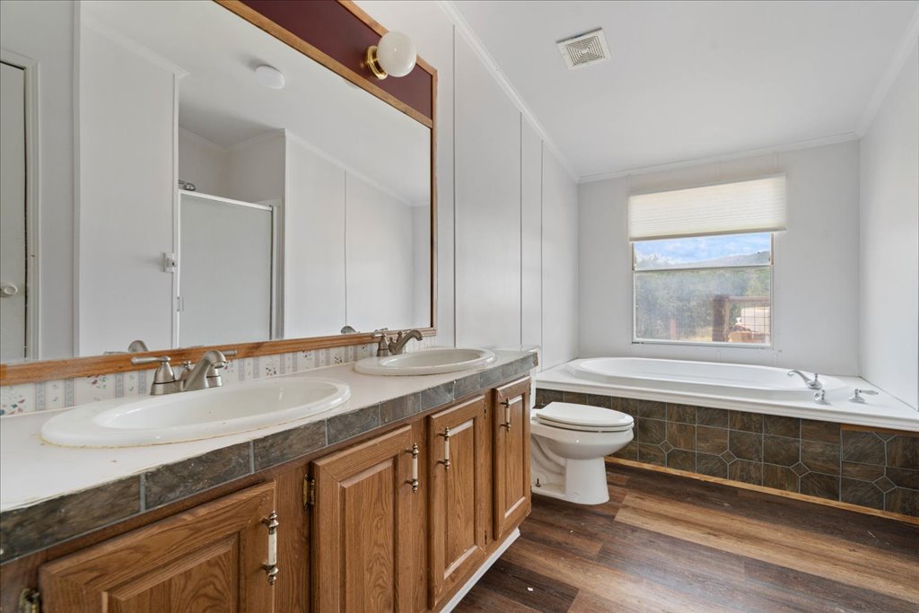 10500 Tarantula Court Leander, TX 78641 - Photo 13 of 34 a bathroom with a granite countertop sink a toilet a mirror and bathtub