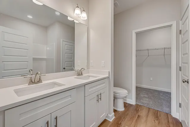 a bathroom with a sink a toilet and a large mirror