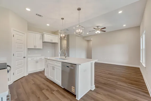 a kitchen with a sink cabinets and wooden floor