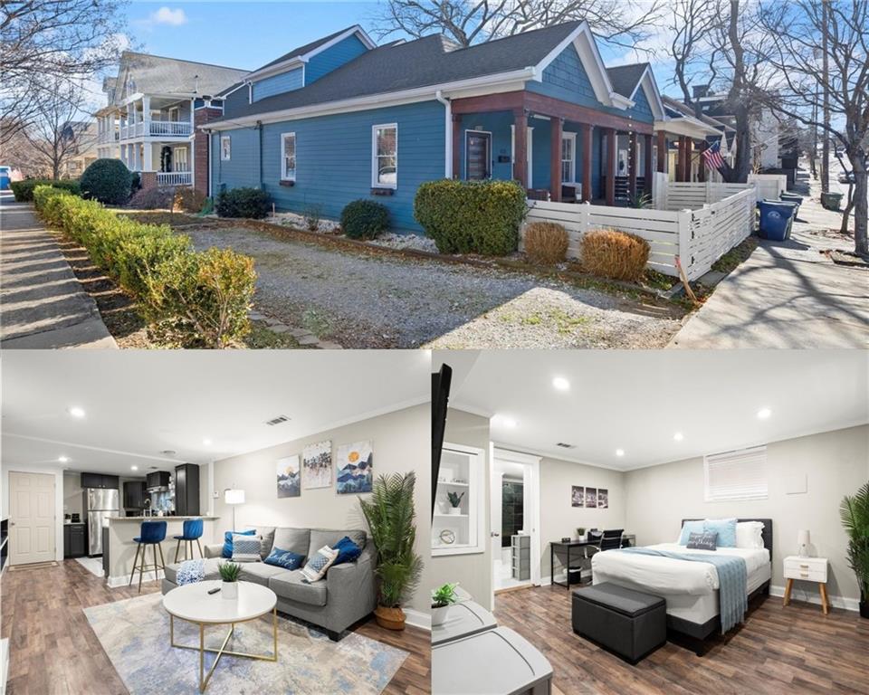 a front view of a house with swimming pool and sitting area