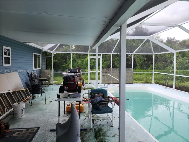 a view of backyard with plants and large trees