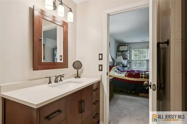 a bathroom with a sink and a mirror