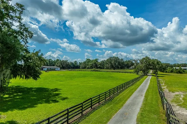 a view of a house next to a big yard and large trees