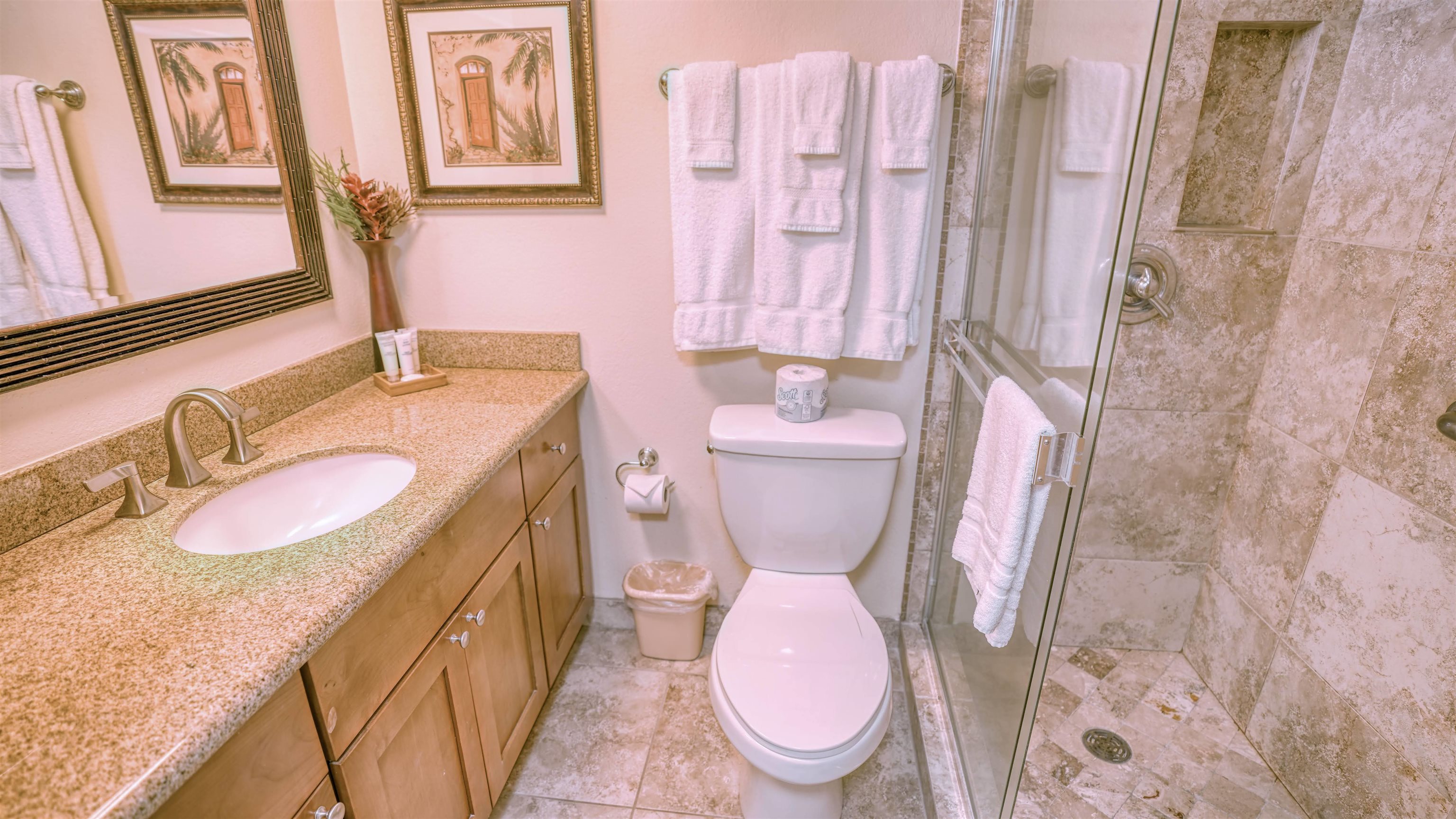 4365 Lower Honoapiilani Road, Unit 1018 Lahaina, HI 96761 - Photo 19 of 35 a bathroom with a granite countertop sink toilet and shower