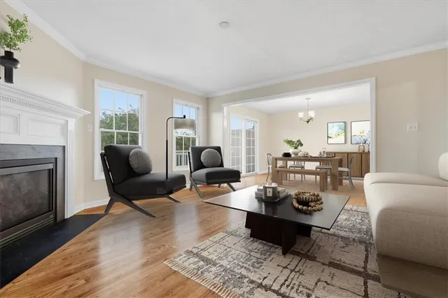 a living room with furniture couches and a fireplace