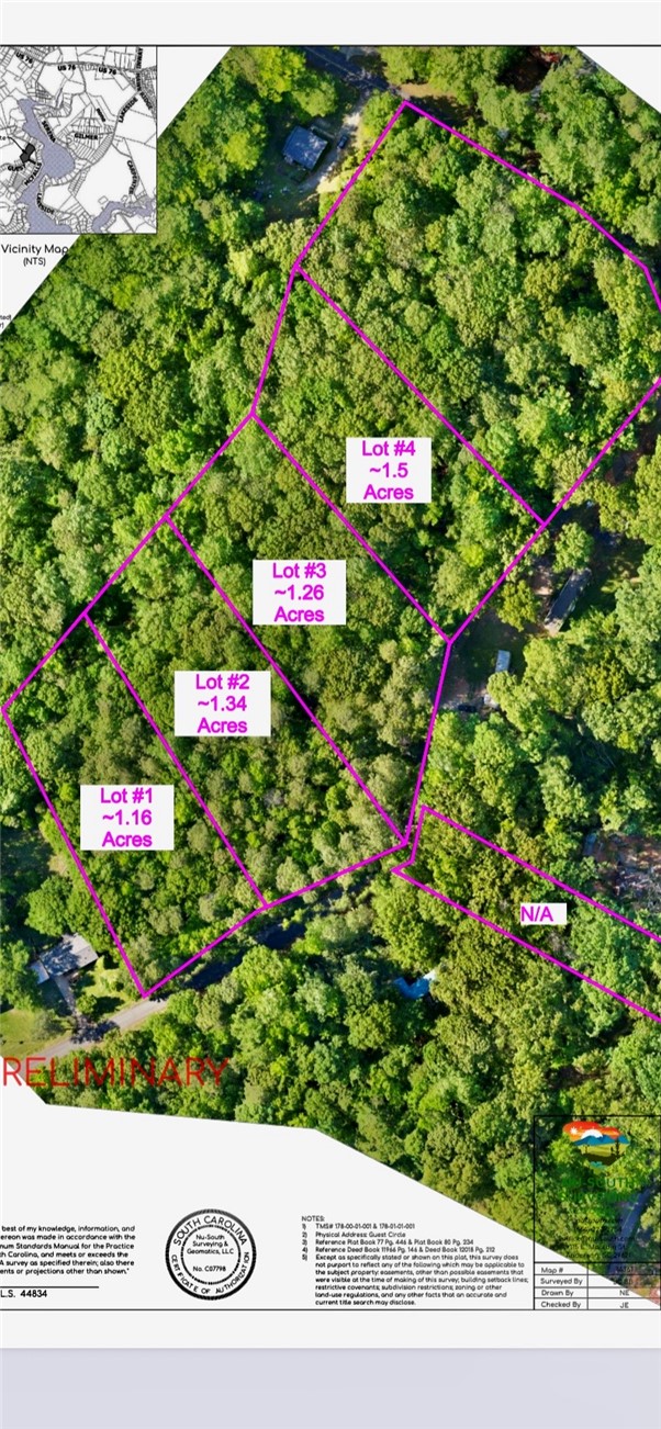 0 Guest Circle Anderson, SC 29621 - Photo 6 of 6 A detailed plat map overlay shows the boundaries and acreage for each wooded lot.