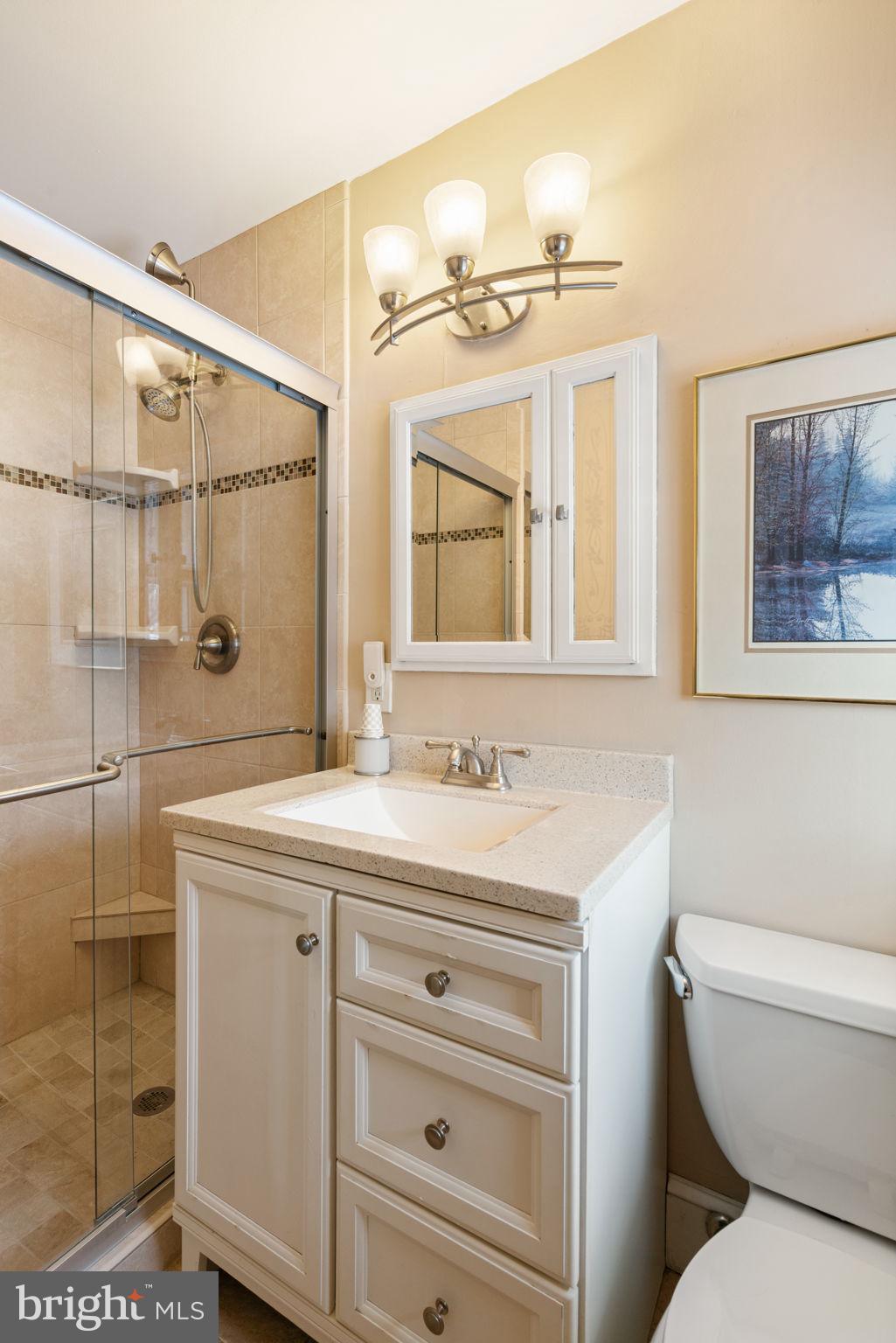 6102 Sherborn Lane Springfield, VA 22152 - Photo 33 of 51 a bathroom with a granite countertop toilet sink and mirror