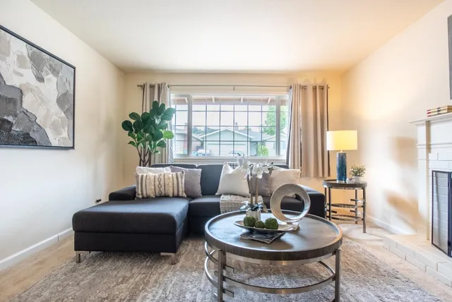 a living room with furniture and a potted plant