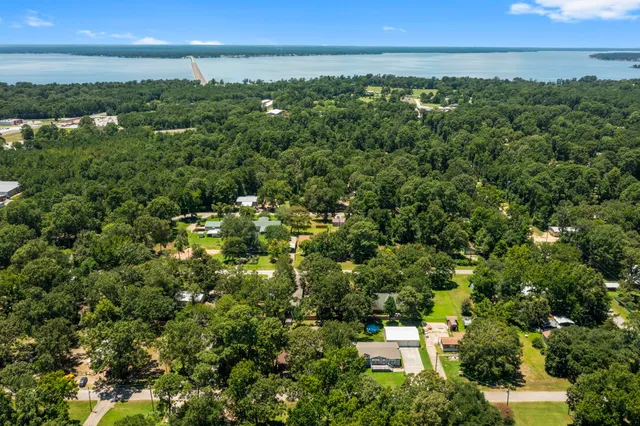 an aerial view of a houses with yard