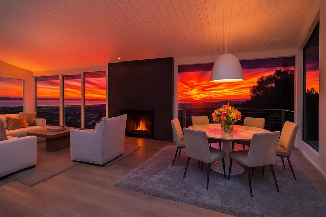 a dining room with furniture and a floor to ceiling window