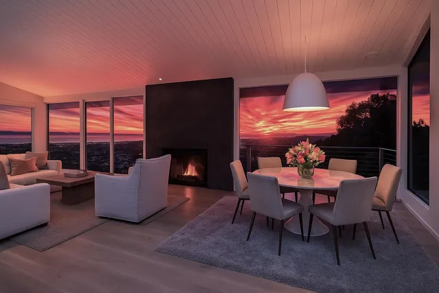 a dining room with furniture and a large window