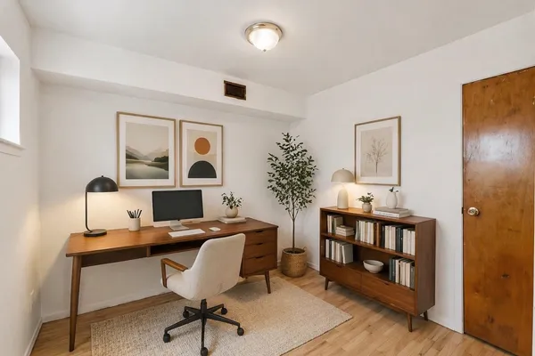 a workspace with furniture and window