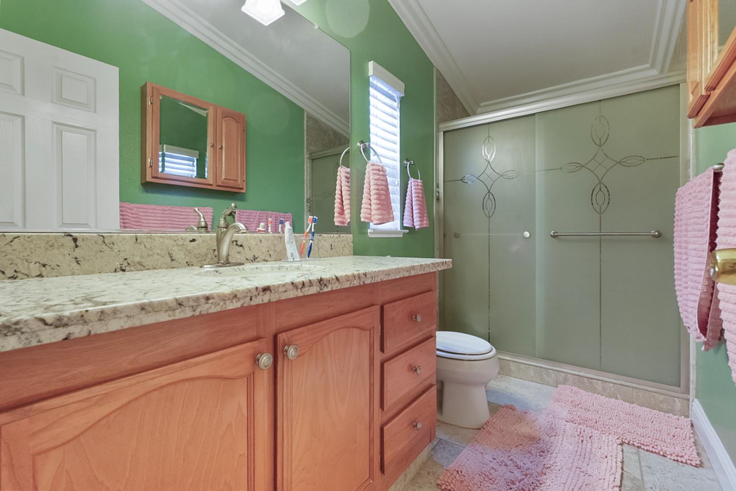 2841 Fowler Road, Unit 33 Ceres, CA 95307 - Photo 18 of 29 a bathroom with a granite countertop toilet sink and mirror