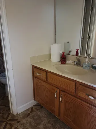 a bathroom with a sink and a mirror