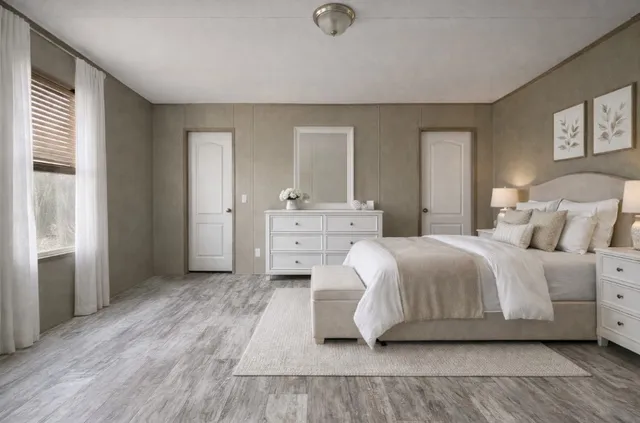 a spacious bedroom with a bed and wooden floor