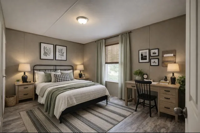 a bedroom with a bed and furniture